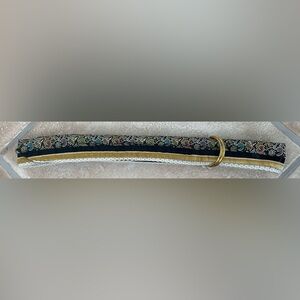 Asian black, gold, white inspired belt with gold hardware and lace detailing;42”